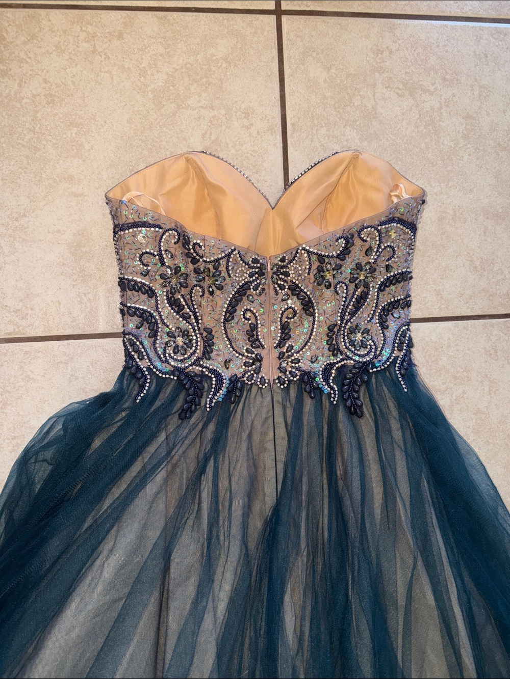 Teal Beaded Strapless Tulle Prom Gown Formal Dress Fairycore - Picture 11 of 13